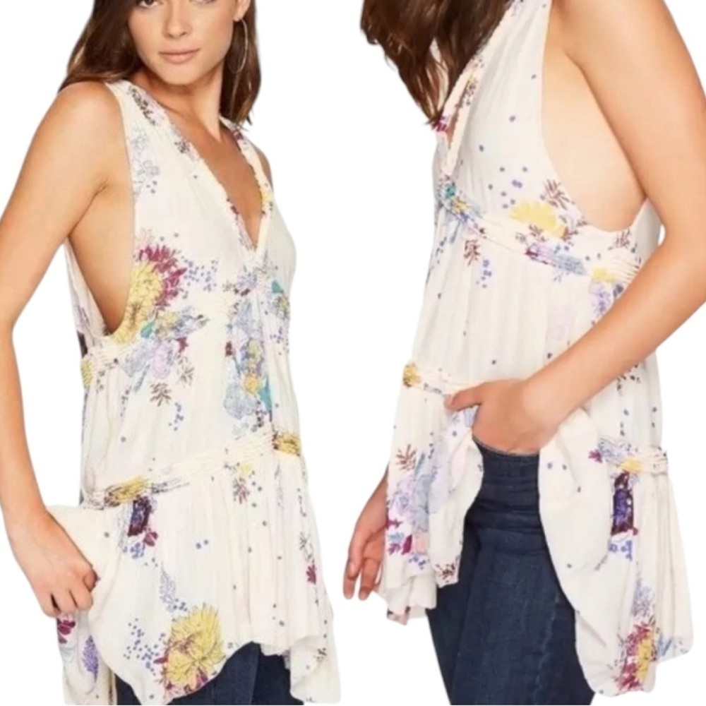 Free People Purple Haze Cream Combo Floral Tunic Top/Mini Dress - Picture 5 of 13